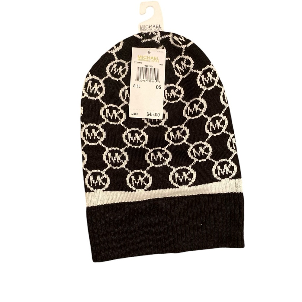 Authentic Michael Kors Set Logo Women's 2 Color Scarf Black White and hat - Picture 2 of 7